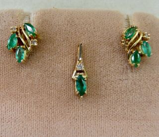 Estate 2.  0 Ct.  Natural Emerald & Diamond 14k Gold Stud Earrings & Pendant Set