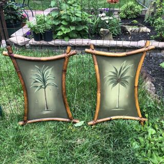 Two Vintage Bamboo Framed Palm Tree Paintings Tiki Decor Midcentury