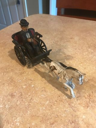 Vintage Cast Iron Trotting Horse & Buggy And Driver With 2 Wheel Carriage Wagon