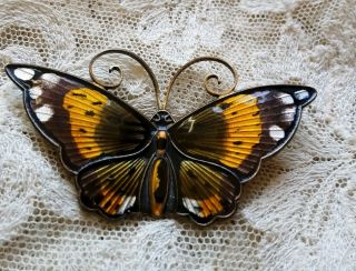 David Andersen Norway Sterling Enamel Large Orange Brown Monarch Butterfly Pin