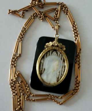 Antique 14k Gold Onyx Mother Of Pearl Virgin Mary Pendant Mourning Necklace