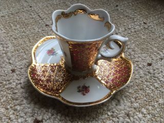 Kpm Mini Tea Cup 2.  25 " And Saucer 4.  75 " Ornate Gold Pink Flower