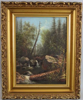 Small 19thc Antique Signed Hb American Waterfall Wooded Landscape Oil Painting