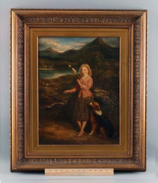 Antique Signed Genre Oil Painting Woman W/ Distaff,  Sheep & Border Collie Dog