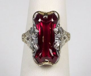 Vintage 14k White Gold Ring With Large Faceted Ruby And Bow Design - Size 5