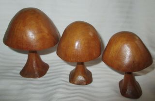 Vintage Hand Carved Set Of 3 Smooth Turned Wood Mushrooms