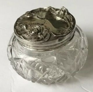 Art Nouveau Lady & Water Lily Sterling Silver & Cut Crystal Glass Dresser Jar