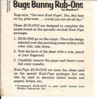 Vtg KOOL - POPS HASBRO RUB - ONS featuring BUGS BUNNY 1960 ' s 2