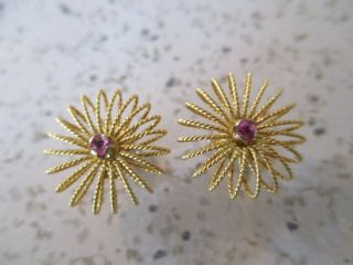 1940s Earrings,  18k Italian Gold,  Uno - A - Erre,  Pink Gemstone,  Pierced Screw Back