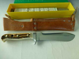 Vintage German Puma White Hunter Knife 6377 With Case Tag Paper Leather Sheath 10
