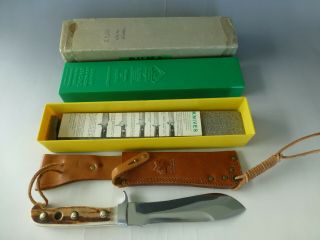 Vintage German Puma White Hunter Knife 6377 With Case Tag Paper Leather Sheath 11