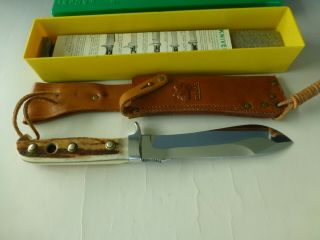 Vintage German Puma White Hunter Knife 6377 With Case Tag Paper Leather Sheath 3