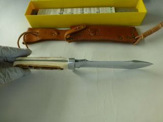 Vintage German Puma White Hunter Knife 6377 With Case Tag Paper Leather Sheath 7
