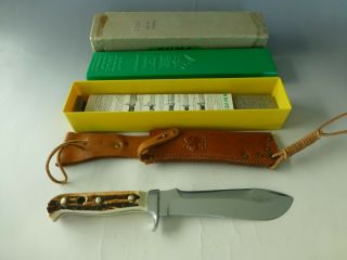 Vintage German Puma White Hunter Knife 6377 With Case Tag Paper Leather Sheath 9