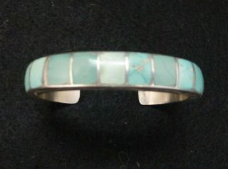 Vintage Native American Turquoise Inlay Sterling Silver Cuff Bracelet