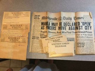 Wwii Newspaper & Western Union Telegrams 12/24/1941 & 1943/1945 World War 2