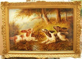 Large Edward Armfield 1817 - 1896 Circle Spaniels Dogs Woods Antique Oil Painting