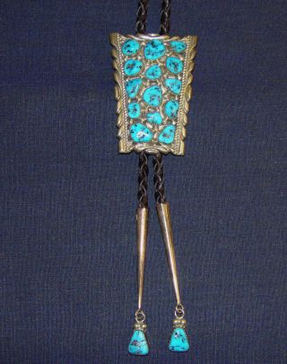 Awesome Vintage Navajo Sterling Silver & Turquoise Bolo Tie - Signed Wnez