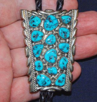 Awesome Vintage Navajo Sterling Silver & Turquoise Bolo Tie - signed WNEZ 2