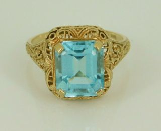 Vintage / Antique Art Deco 10k Yellow Gold Filigree Blue Topaz Ring Size 10