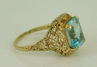 Vintage / Antique Art Deco 10k Yellow Gold Filigree Blue Topaz Ring Size 10 2