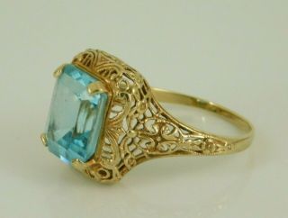 Vintage / Antique Art Deco 10k Yellow Gold Filigree Blue Topaz Ring Size 10 3