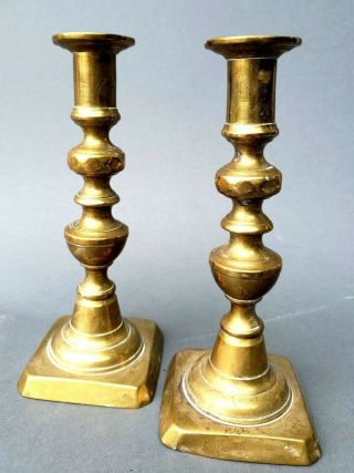 Pair Antique Brass Push - Up Candlesticks Mid - 19th Century A