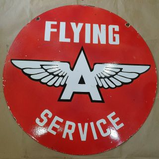 FLYING ' A ' SERVICE 2 SIDED VINTAGE PORCELAIN SIGN 30 INCHES ROUND 2