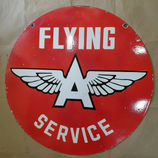 FLYING ' A ' SERVICE 2 SIDED VINTAGE PORCELAIN SIGN 30 INCHES ROUND 3