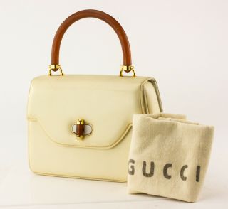 Gucci Vintage Bakelite Cream Leather Top Handle Bag