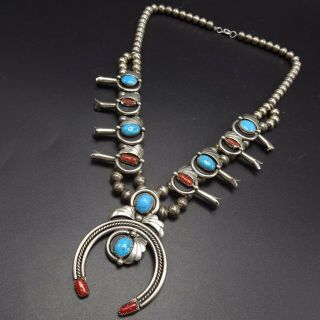 Delicate Vintage Navajo Sterling Silver Coral Turquoise Squash Blossom Necklace