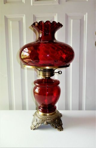 Vtg Ruby Red Glass Ruffled Fluted Top Optic Lamp Shade 10 " Fitter Gwtw Lamp