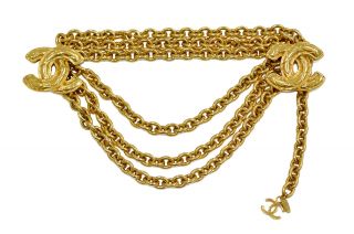 Auth Chanel Vintage Quilting Interlocking Cc Logo Triple Gold Chain Waist Belt