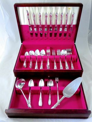 Vtg Oneida Community Silverplate White Orchid 65pc Flatware & Serving W/chest