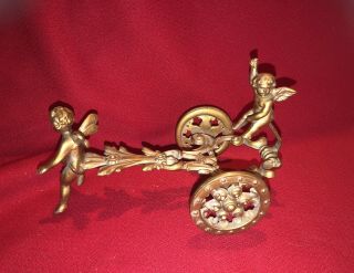 Vintage Victorian Style Winged Cherubs On A Gold Gilded Metal Carriage Chariot