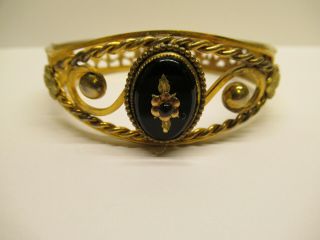 Antique Victorian Ornate Gold Filled Onyx Mourning Bangle Bracelet