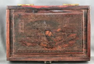Old Chinese Wooden Trinket Box With Intricate Carvings On The Cover
