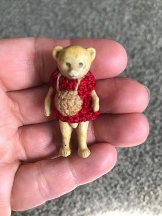 ANTIQUE ALL BISQUE TEDDY BEAR GIRL HERTWIG GIRL Red Dress German MINIATURE 1.  5” 11