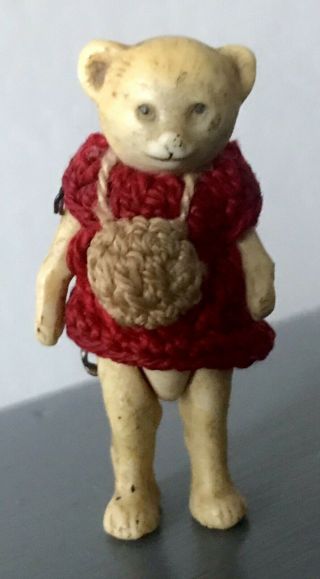 Antique All Bisque Teddy Bear Girl Hertwig Girl Red Dress German Miniature 1.  5”