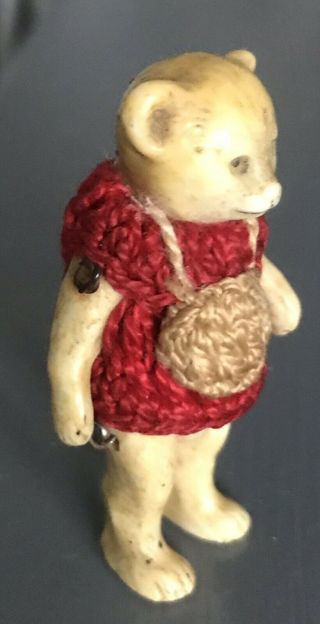 ANTIQUE ALL BISQUE TEDDY BEAR GIRL HERTWIG GIRL Red Dress German MINIATURE 1.  5” 2