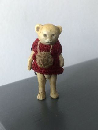 ANTIQUE ALL BISQUE TEDDY BEAR GIRL HERTWIG GIRL Red Dress German MINIATURE 1.  5” 3
