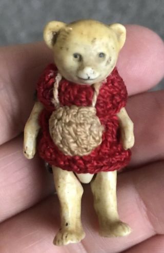 ANTIQUE ALL BISQUE TEDDY BEAR GIRL HERTWIG GIRL Red Dress German MINIATURE 1.  5” 4