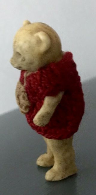 ANTIQUE ALL BISQUE TEDDY BEAR GIRL HERTWIG GIRL Red Dress German MINIATURE 1.  5” 5