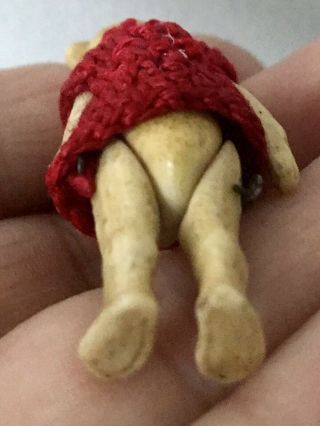 ANTIQUE ALL BISQUE TEDDY BEAR GIRL HERTWIG GIRL Red Dress German MINIATURE 1.  5” 6