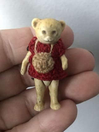 ANTIQUE ALL BISQUE TEDDY BEAR GIRL HERTWIG GIRL Red Dress German MINIATURE 1.  5” 7