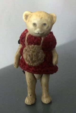 ANTIQUE ALL BISQUE TEDDY BEAR GIRL HERTWIG GIRL Red Dress German MINIATURE 1.  5” 8