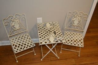 Vintage Wrought Iron Childs Table Chair Bistro Set - Foldable
