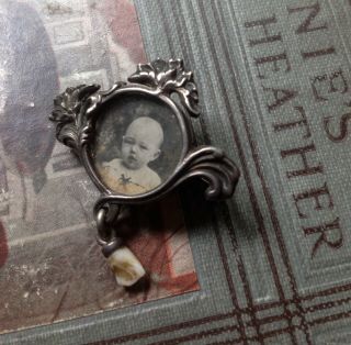 Rare Antique Art Nouveau Silver Mourning Brooch Baby Boy Fairy Milk Tooth Photo