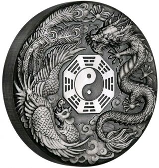 2019 2 Oz Silver Tuvalu $2 Dragon And Phoenix Yin Yang Mythical Antique Coin.