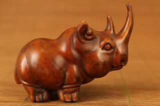 Boxwood Hand Carved Japanese Rhinoceros Statue Netsuke